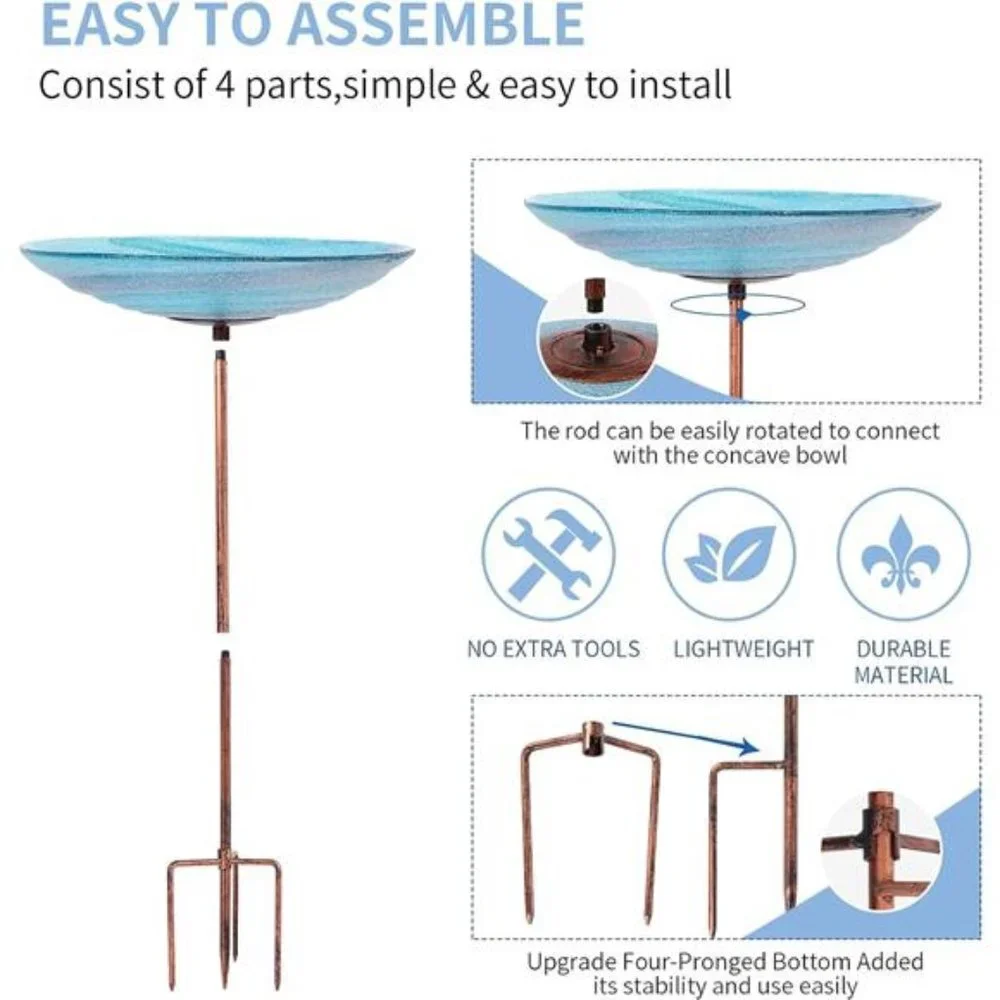 Outdoor BirdBath Glass Bird Bath Garden Bird Feeder with Metal Stake